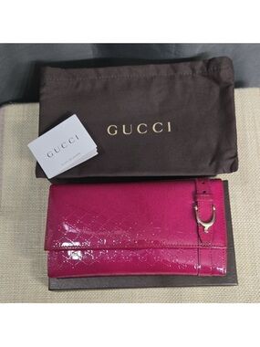 Gucci Pink Patent Leather Continental Wallet with Buckle Accent